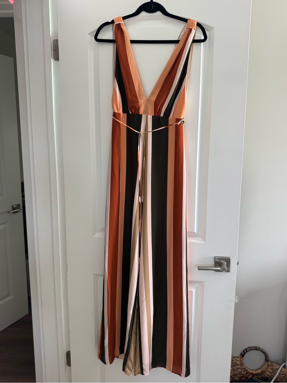 Striped V-Neck Wide-Leg Jumpsuit in Rust Multi - Picture 2 of 8